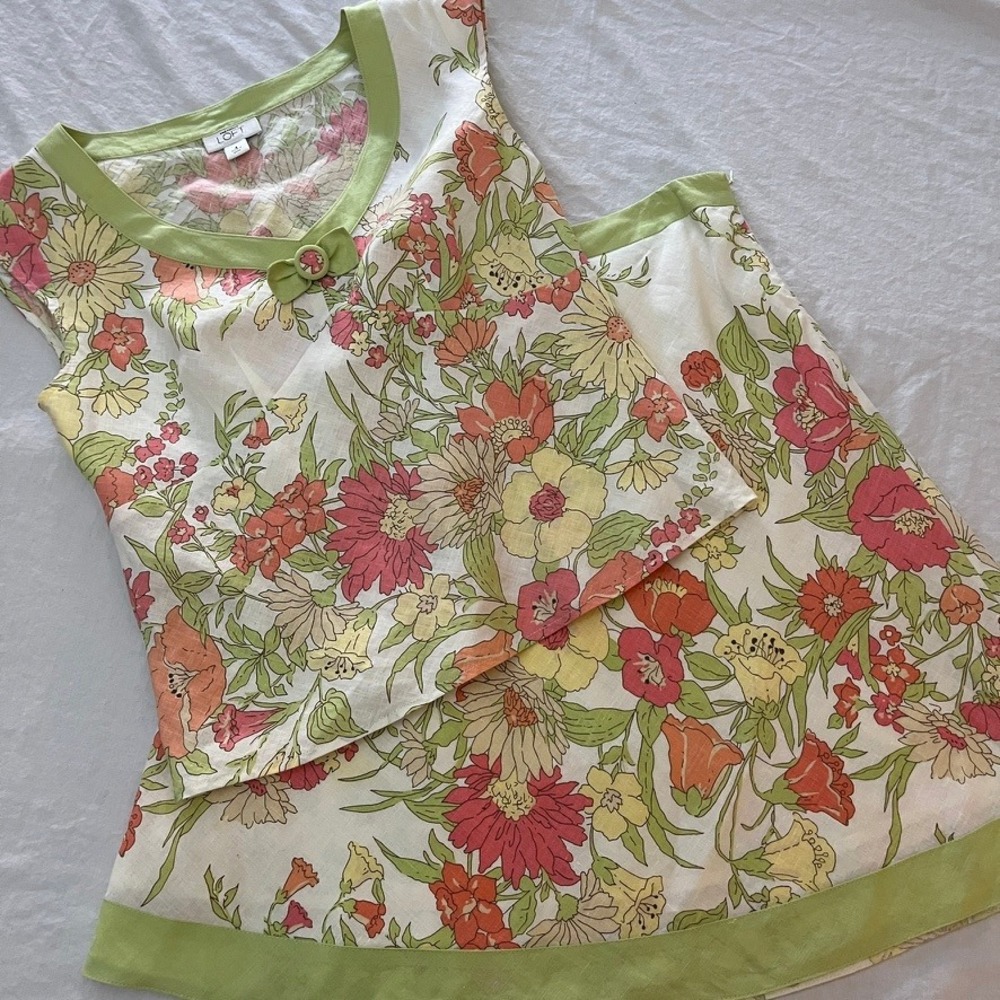 100% Linen Floral Skirt Set Cottagecore Garden Party Coquette Sz 4 LOFT - Picture 2 of 10